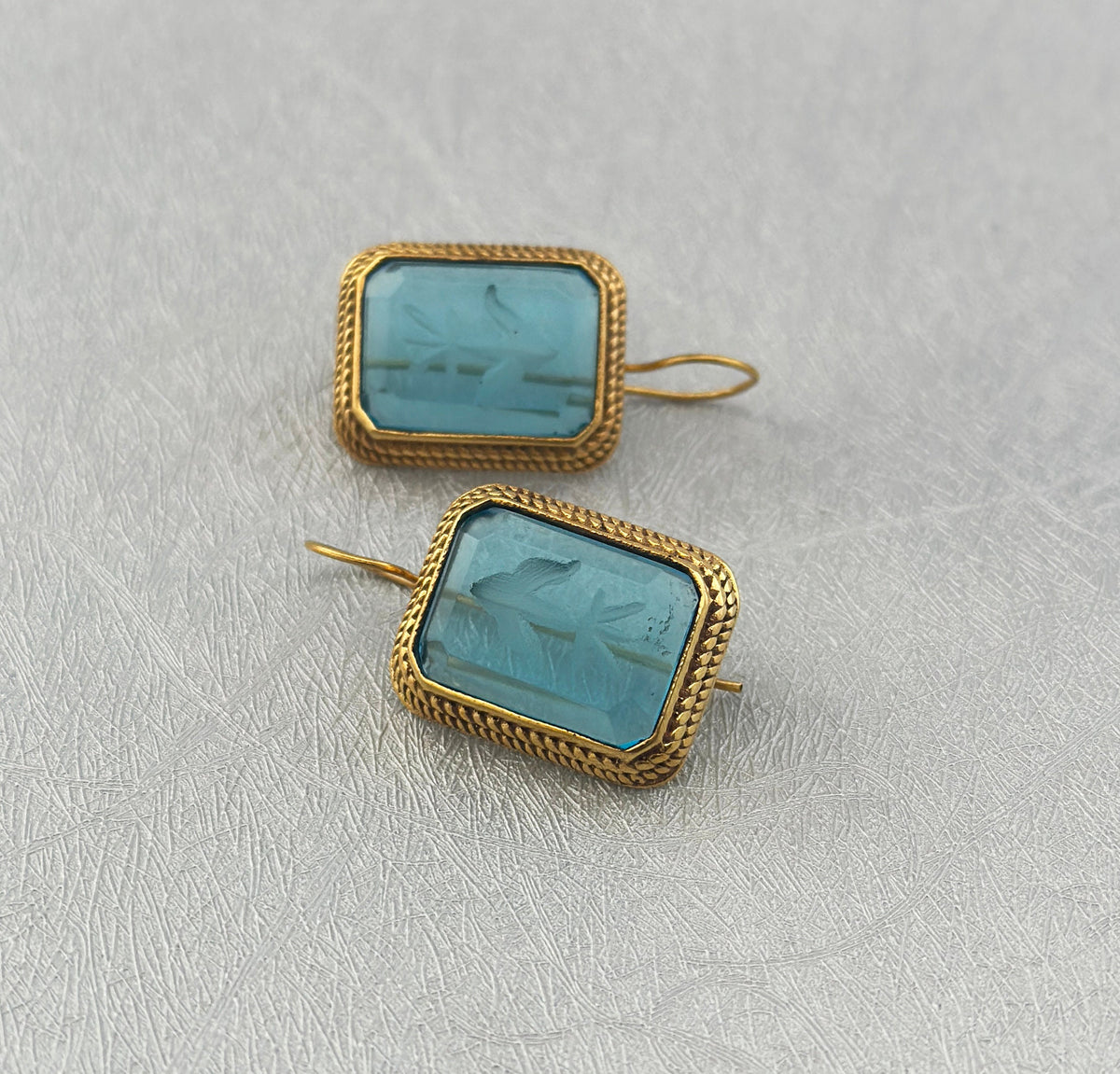 Blue Glass Intaglio Earrings, Greek Roman Victorian Style, 14K Gold, photo 7