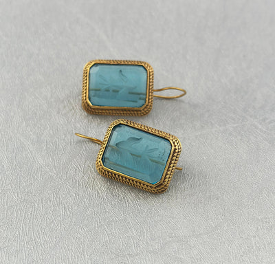 Blue Glass Intaglio Earrings, Greek Roman Victorian Style, 14K Gold, photo 7