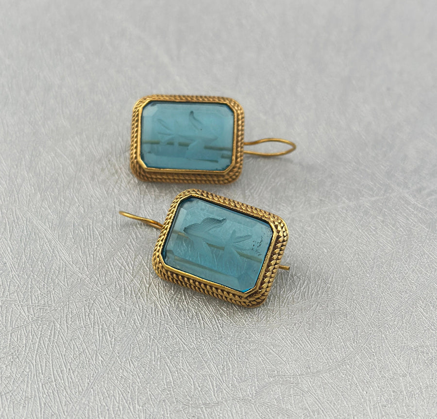 Blue Glass Intaglio Earrings, Greek Roman Victorian Style, 14K Gold, photo 7