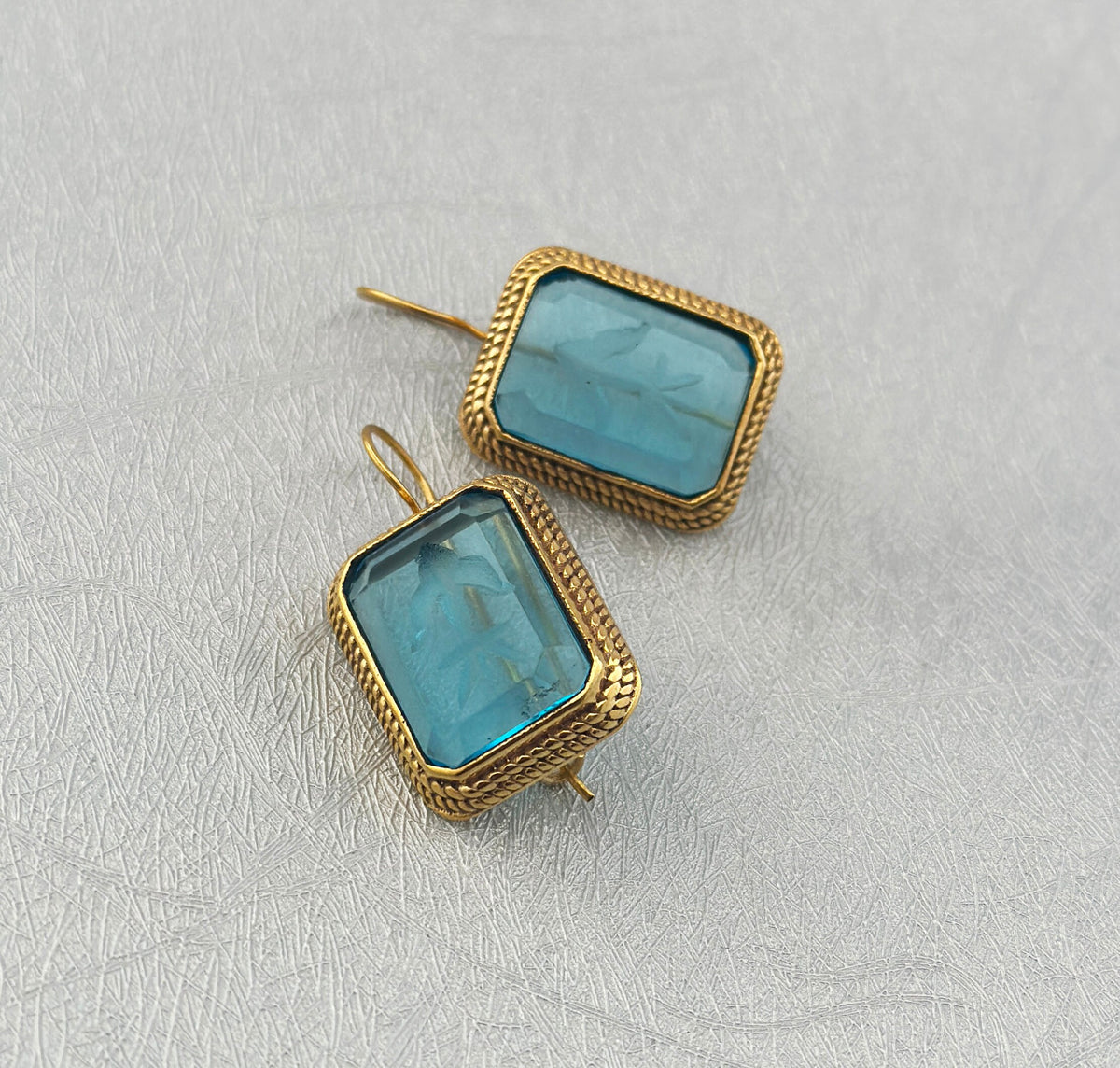 Blue Glass Intaglio Earrings, Greek Roman Victorian Style, 14K Gold, photo 8