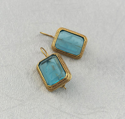 Blue Glass Intaglio Earrings, Greek Roman Victorian Style, 14K Gold, photo 8