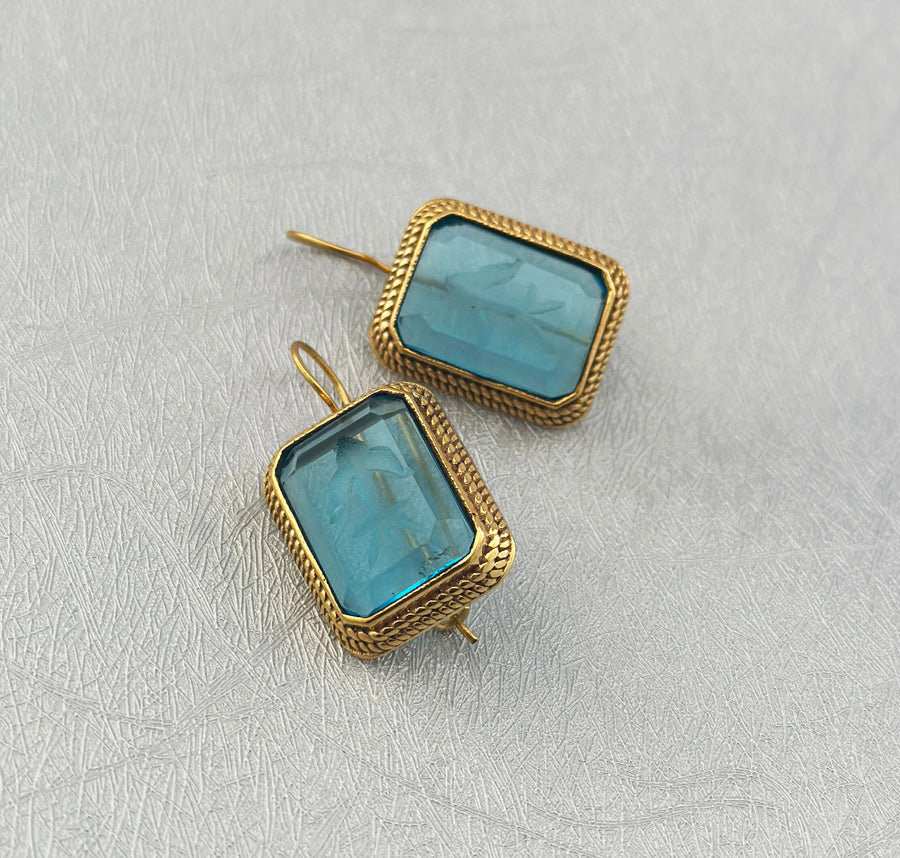 Blue Glass Intaglio Earrings, Greek Roman Victorian Style, 14K Gold, photo 8