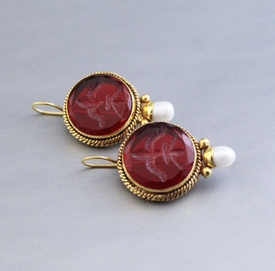 Red Intaglio Crystal Earrings, Gold Filled, photo 2