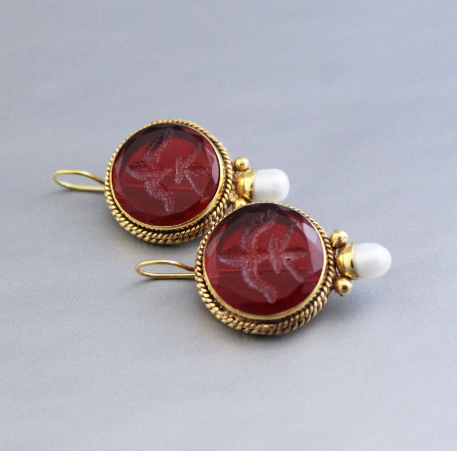 Red Intaglio Crystal Earrings, Gold Filled, photo 2