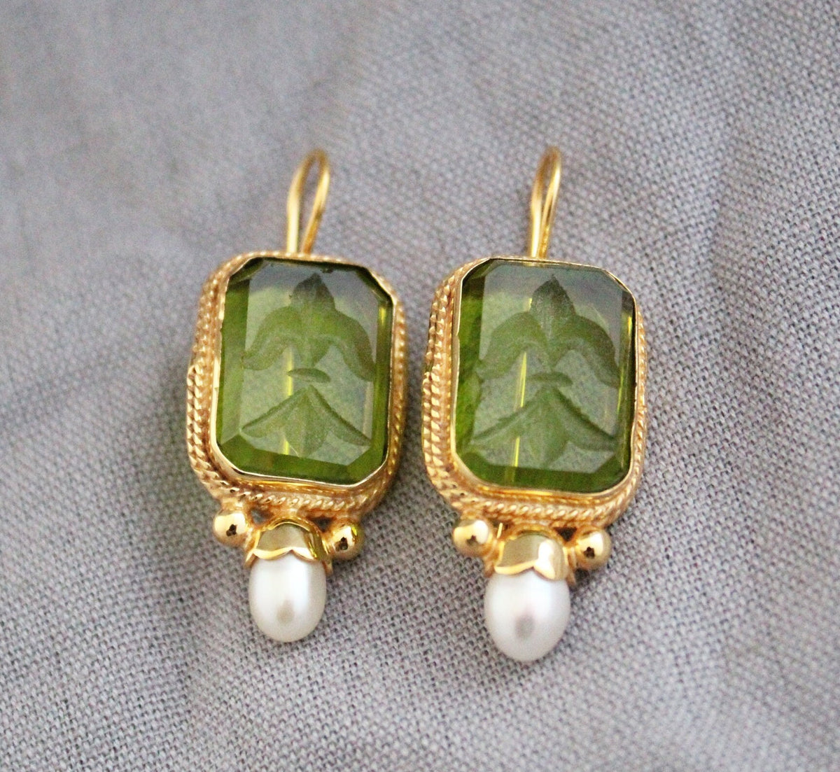 Green Glass Intaglio Earrings, Bridal Pearl Accent, Brass, photo 8