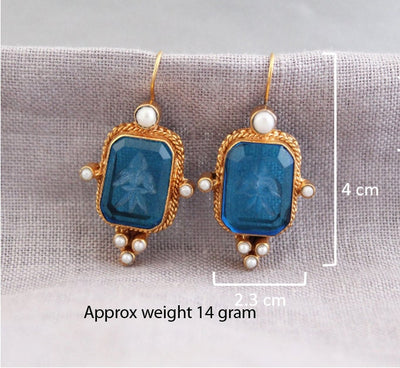 Blue Intaglio Crystal Earrings, Roman Cameo Style, Oxidized Gold, photo 3