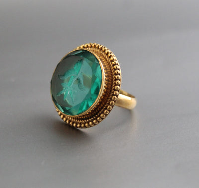 Green Intaglio Ring, Grand Tour Signet Style, Gold Plated