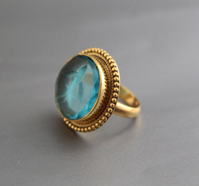 Blue Glass Intaglio Cocktail Ring, Victorian Signet, Gold Vermeil, photo 2