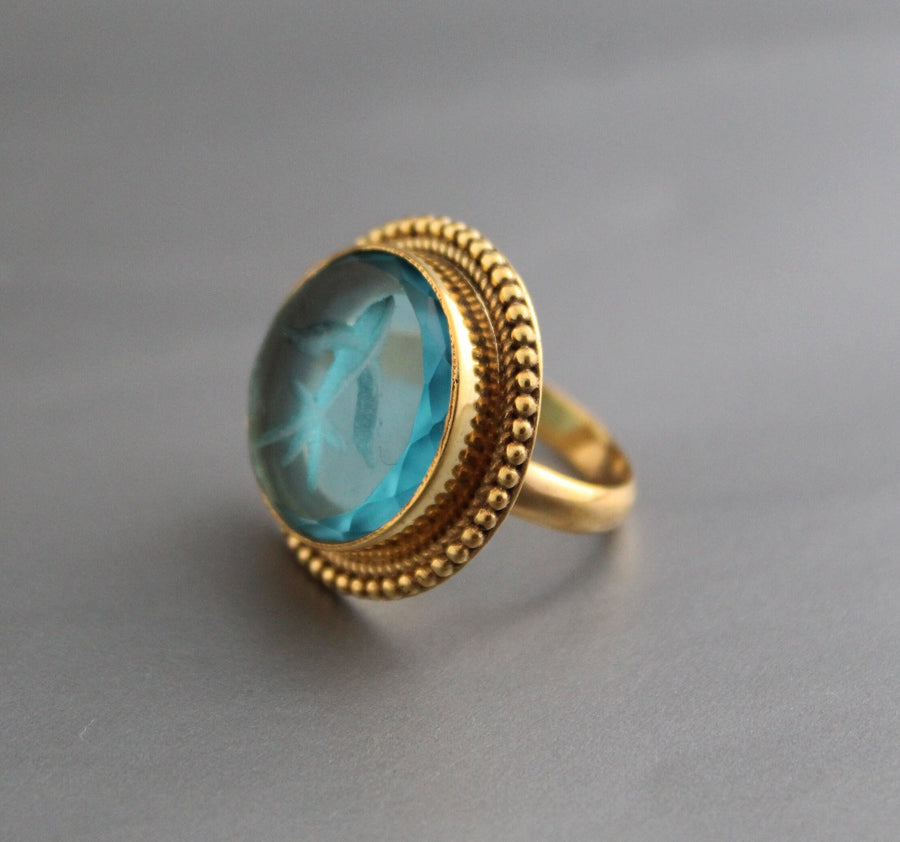 Blue Glass Intaglio Cocktail Ring, Victorian Signet, Gold Vermeil, photo 2