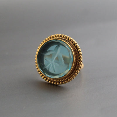 Blue Glass Intaglio Cocktail Ring, Victorian Signet, Gold Vermeil, photo 8