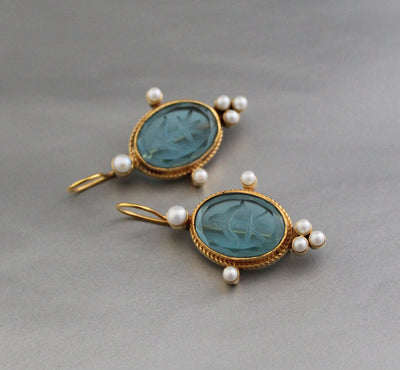 Blue Glass Intaglio Earrings, Victorian Style, 18K Gold Brass with Pearls, photo 10