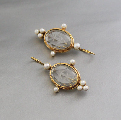 Clear Crystal Intaglio Earrings, Ancient Roman Style, 14K Gold, photo 5