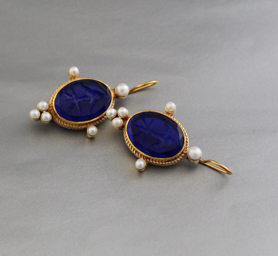 Indigo Blue Intaglio Earrings, Venetian Glass, Roman Style, photo 7