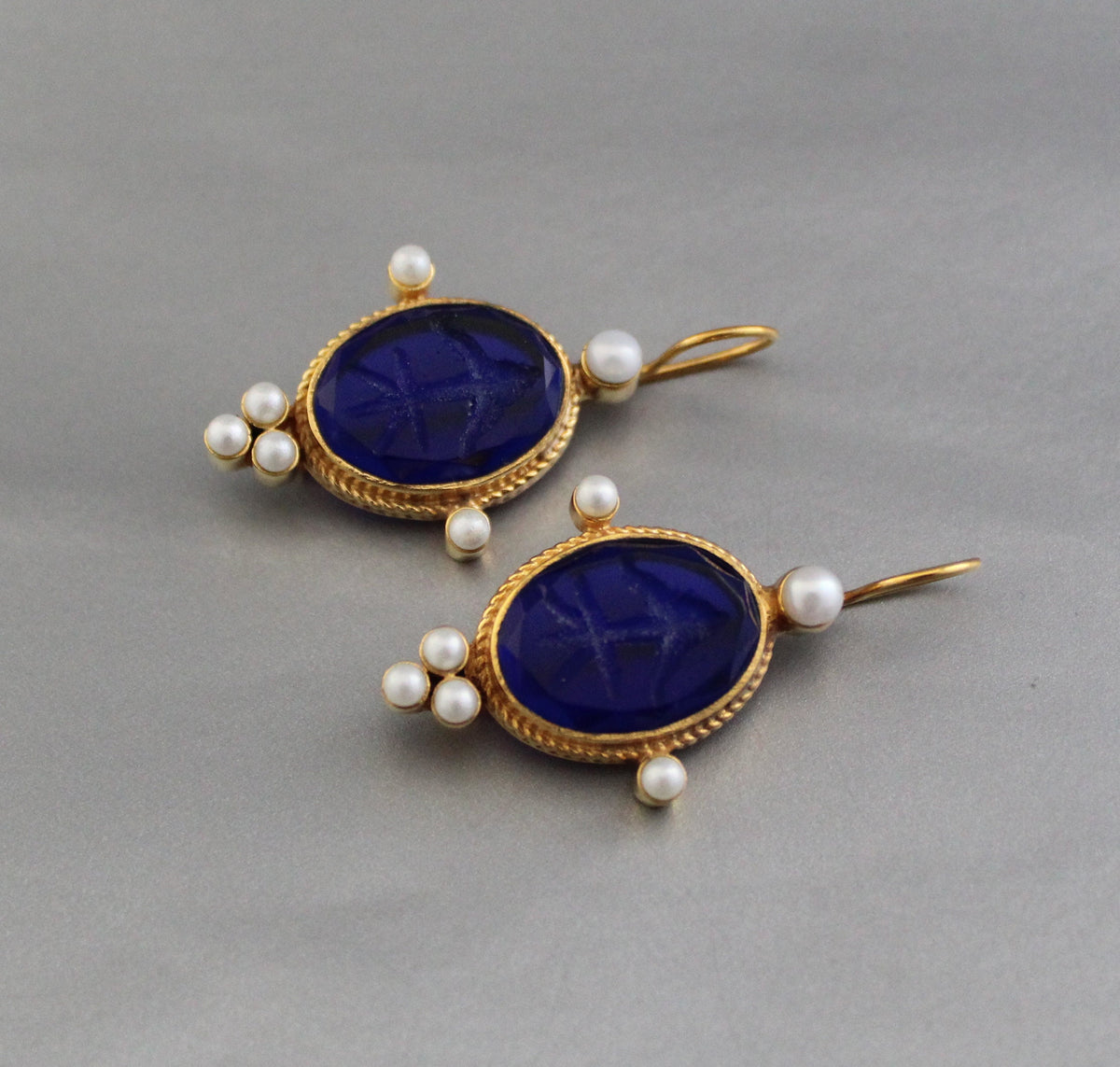 Indigo Blue Intaglio Earrings, Venetian Glass, Roman Style, photo 10