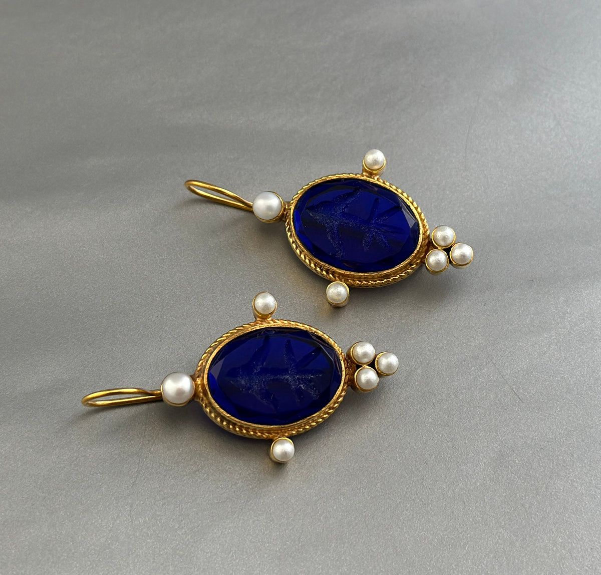 Indigo Blue Intaglio Earrings, Venetian Glass, Roman Style, photo 11