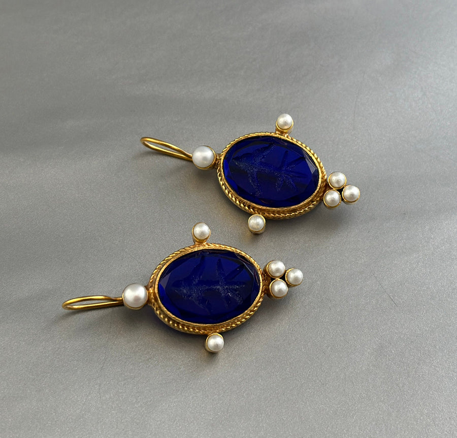 Indigo Blue Intaglio Earrings, Venetian Glass, Roman Style, photo 11