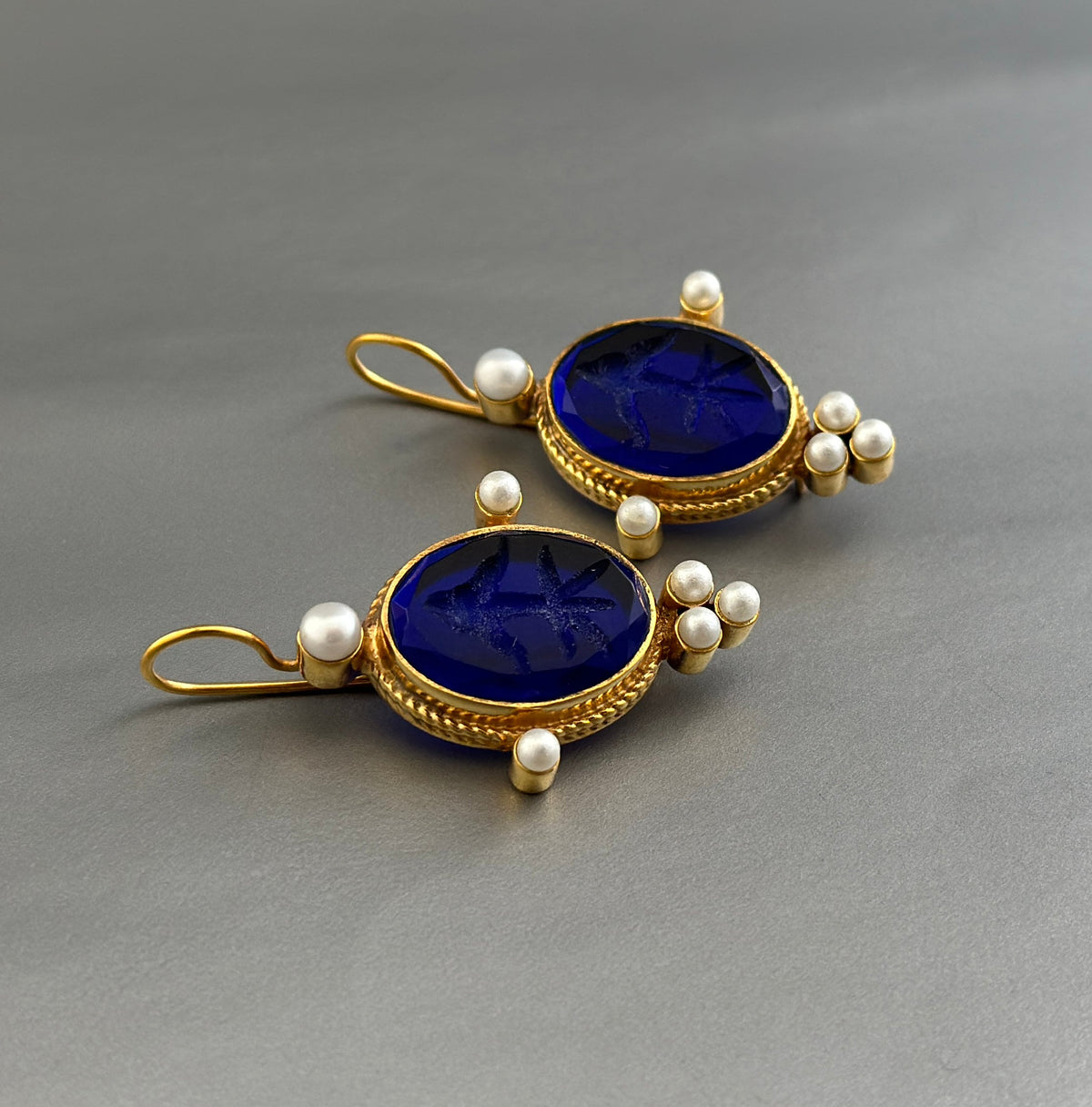 Indigo Blue Intaglio Earrings, Venetian Glass, Roman Style