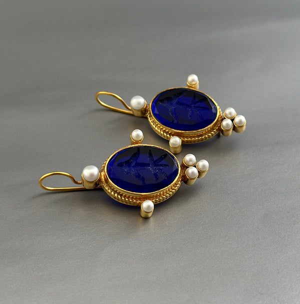 Indigo Blue Intaglio Earrings, Venetian Glass, Roman Style