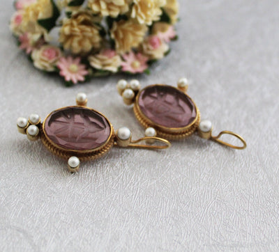 Amethyst Intaglio Earrings, Victorian Bridal Pearl Drops, photo 9