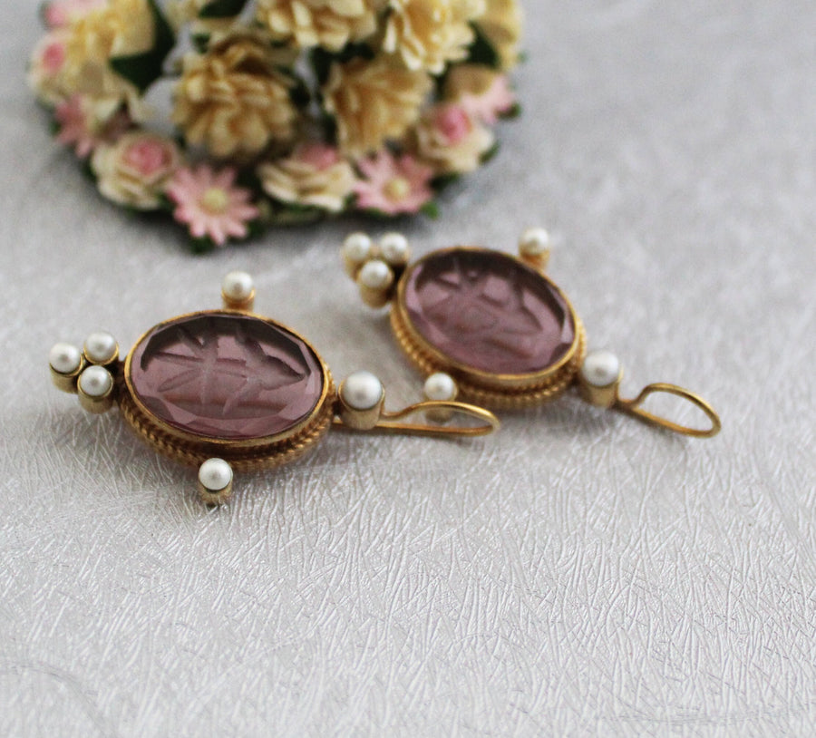 Amethyst Intaglio Earrings, Victorian Bridal Pearl Drops, photo 9