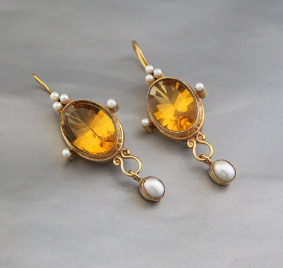 Yellow Glass Intaglio Earrings, Victorian Style, Gold Vermeil with Pearls, photo 4