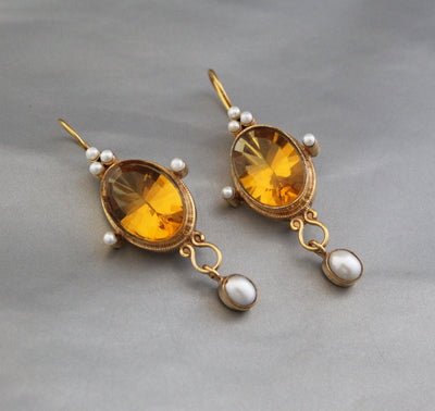 Yellow Glass Intaglio Earrings, Victorian Style, Gold Vermeil with Pearls, photo 7