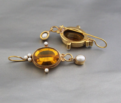 Yellow Glass Intaglio Earrings, Victorian Style, Gold Vermeil with Pearls, photo 8