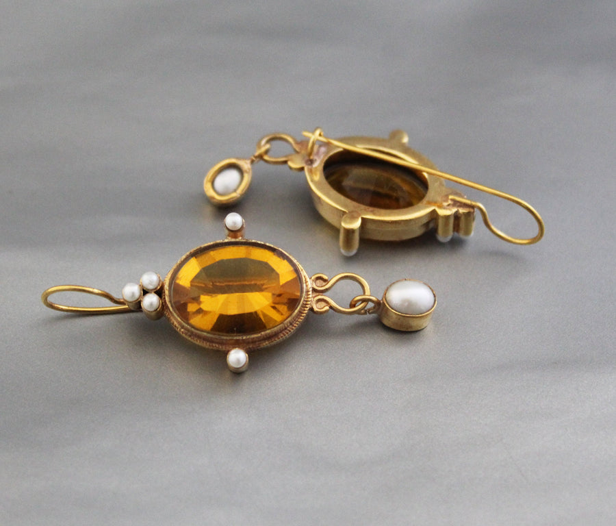 Yellow Glass Intaglio Earrings, Victorian Style, Gold Vermeil with Pearls, photo 8