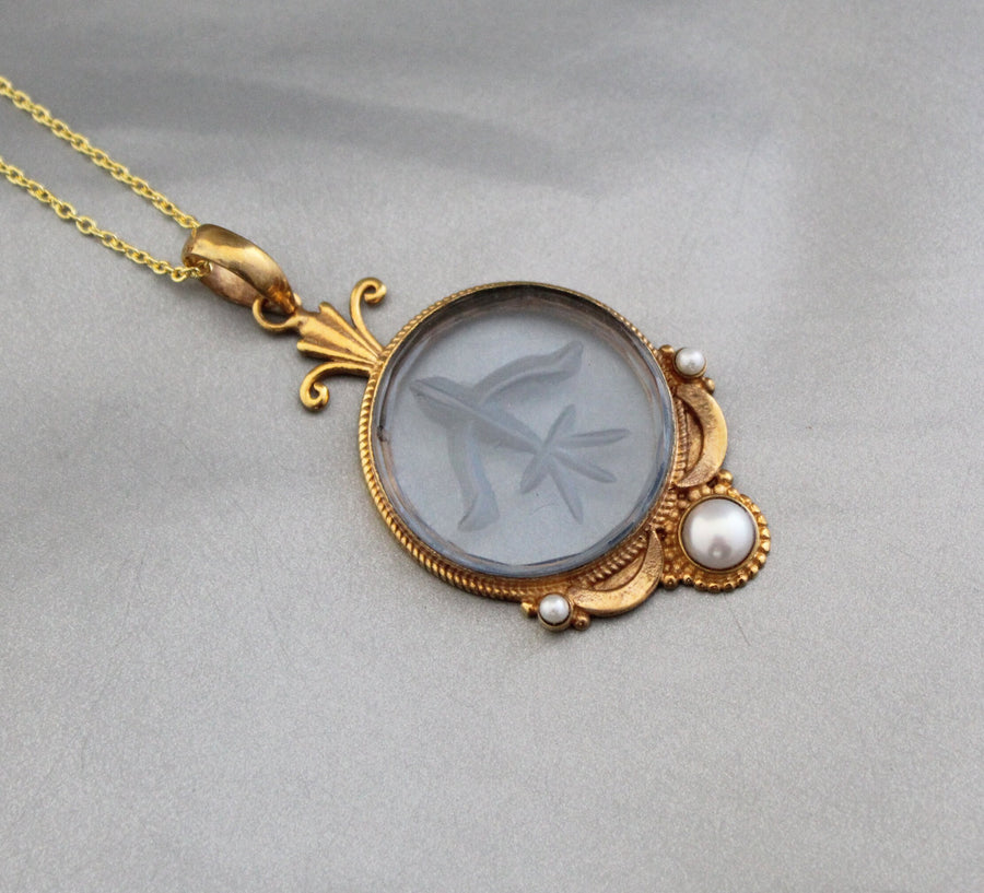 Blue Crystal Intaglio Necklace, Art Deco Bridal Pearl, 14K Gold Vermeil, photo 4