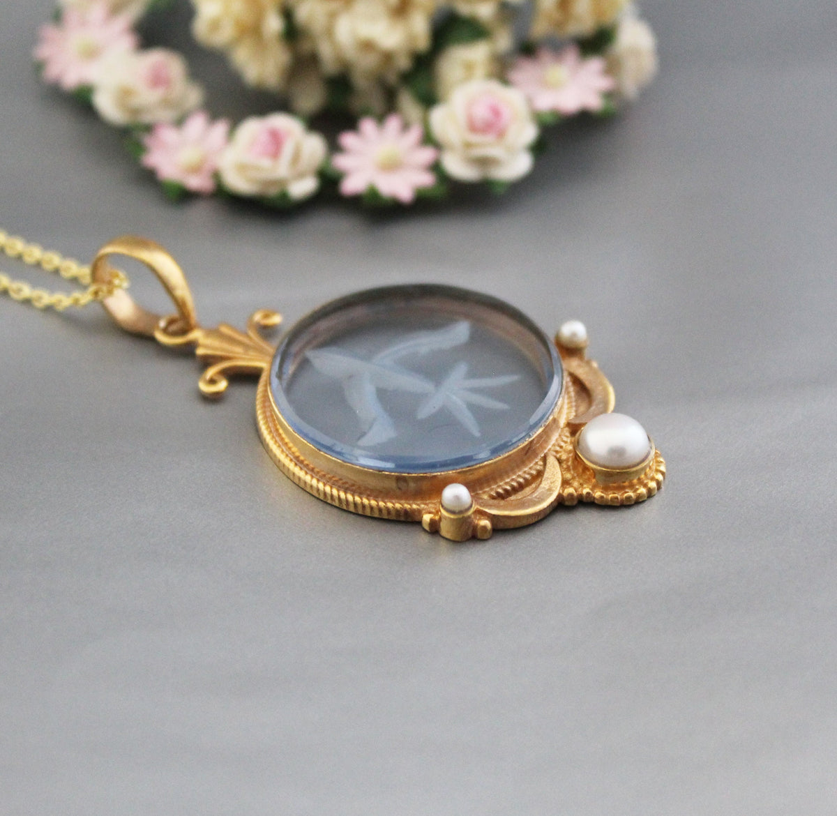 Blue Crystal Intaglio Necklace, Art Deco Bridal Pearl, 14K Gold Vermeil, photo 5