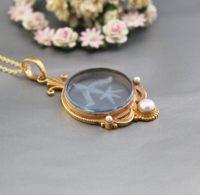 Blue Crystal Intaglio Necklace, Art Deco Bridal Pearl, 14K Gold Vermeil, photo 5