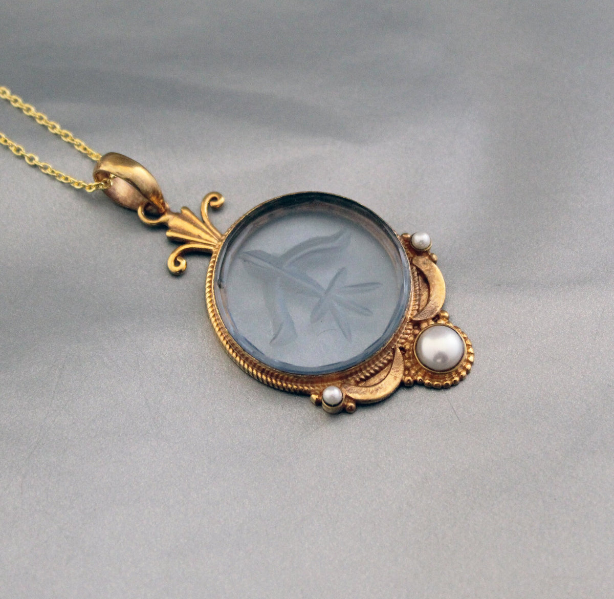 Blue Crystal Intaglio Necklace, Art Deco Bridal Pearl, 14K Gold Vermeil, photo 7