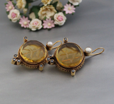 Yellow Intaglio Glass Earrings, Bridal Pearl Accent, Brass, photo 2
