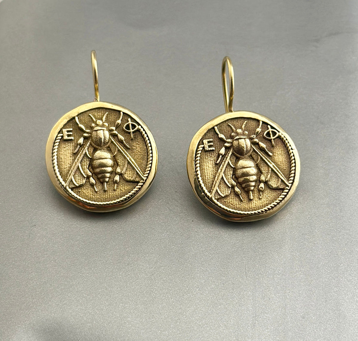 Honeybee Coin Earrings, Ancient Roman Style, Dainty Gold Dangles, photo 7