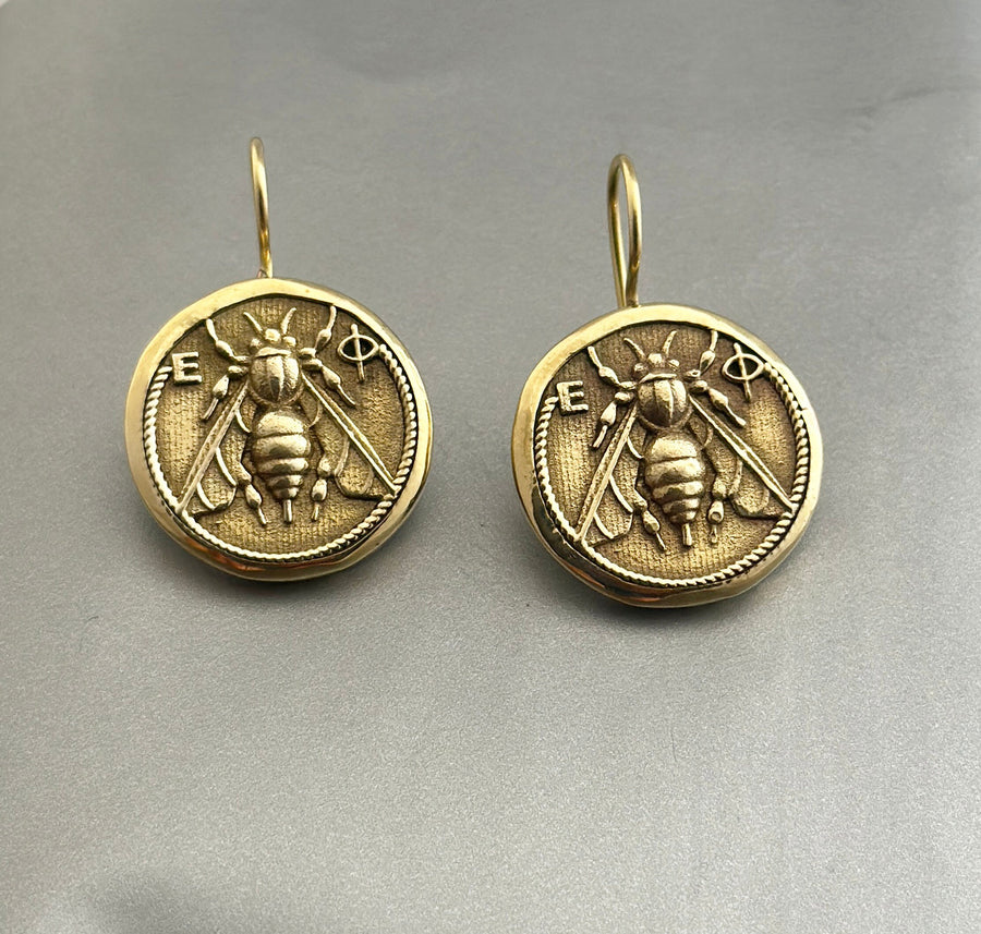 Honeybee Coin Earrings, Ancient Roman Style, Dainty Gold Dangles, photo 7