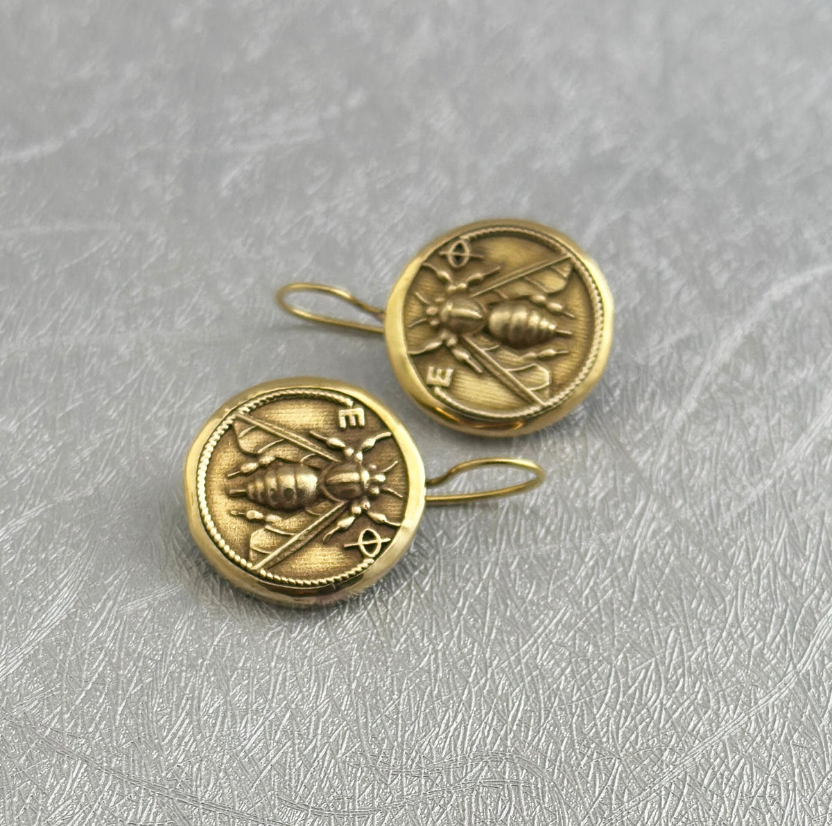 Honeybee Coin Earrings, Ancient Roman Style, Dainty Gold Dangles, photo 9