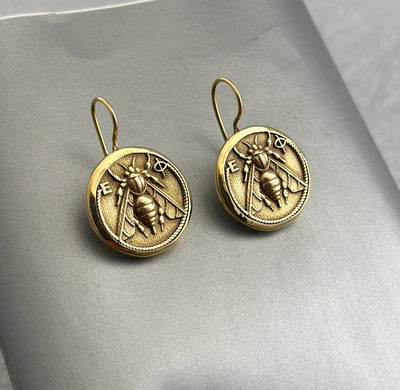 Honeybee Coin Earrings, Ancient Roman Style, Dainty Gold Dangles, photo 10