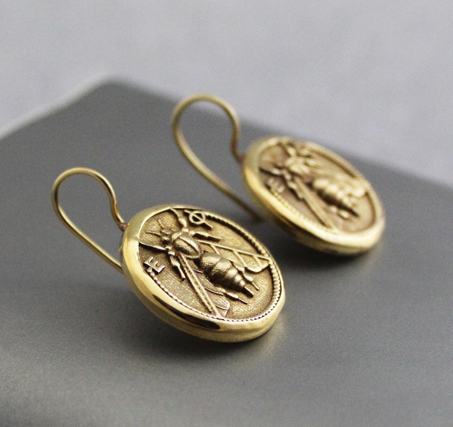 Honeybee Coin Earrings, Ancient Roman Style, Dainty Gold Dangles, photo 6