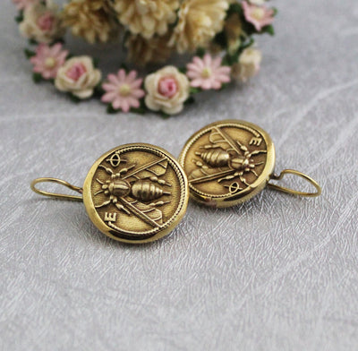 Honeybee Coin Earrings, Ancient Roman Style, Dainty Gold Dangles, photo 2