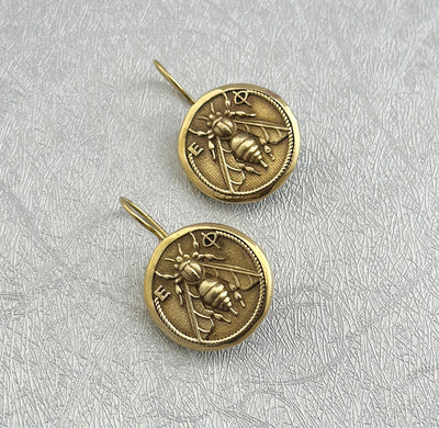 Honeybee Coin Earrings, Ancient Roman Style, Dainty Gold Dangles, photo 8