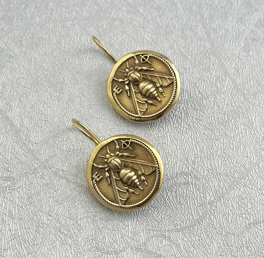 Honeybee Coin Earrings, Ancient Roman Style, Dainty Gold Dangles, photo 8