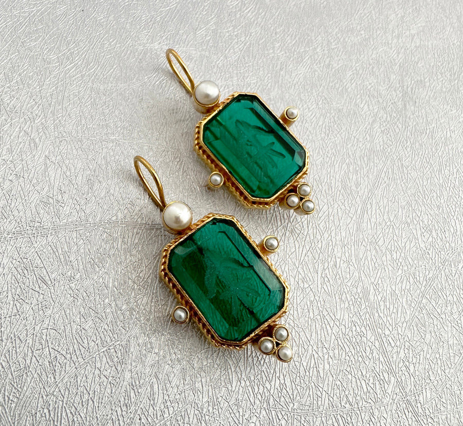 Carved Quartz Intaglio Earrings, Art Deco Victorian Drops, Gold Vermeil, photo 6