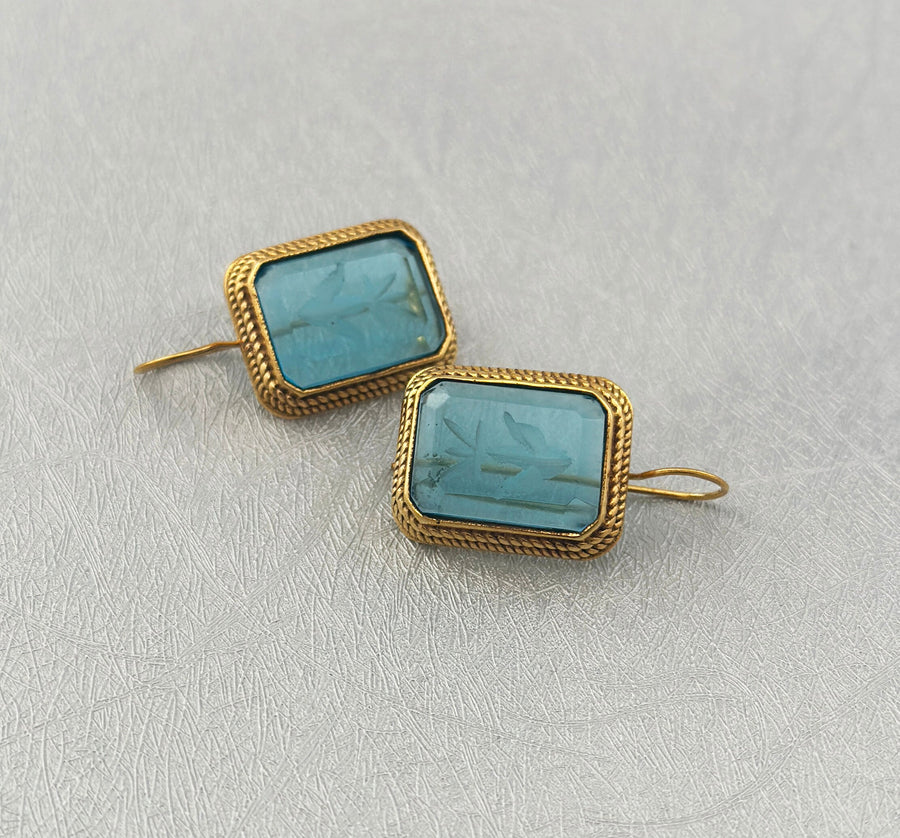 Blue Glass Intaglio Earrings, Greek Roman Victorian Style, 14K Gold, photo 6
