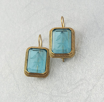 Blue Glass Intaglio Earrings, Greek Roman Victorian Style, 14K Gold, photo 10
