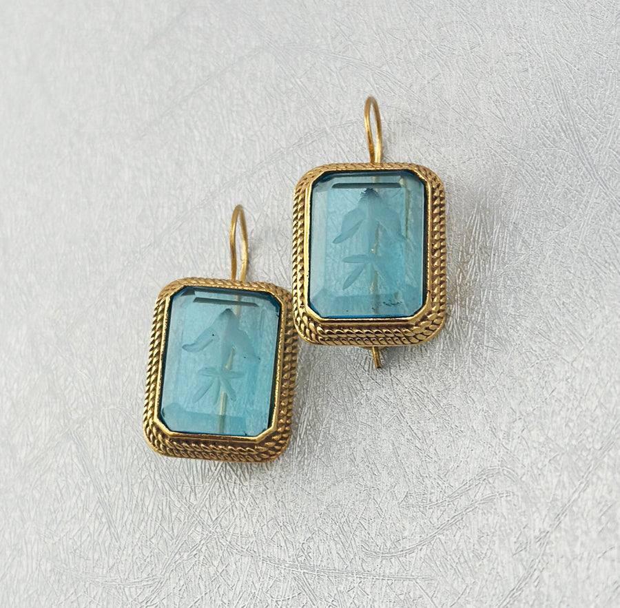 Blue Glass Intaglio Earrings, Greek Roman Victorian Style, 14K Gold, photo 10