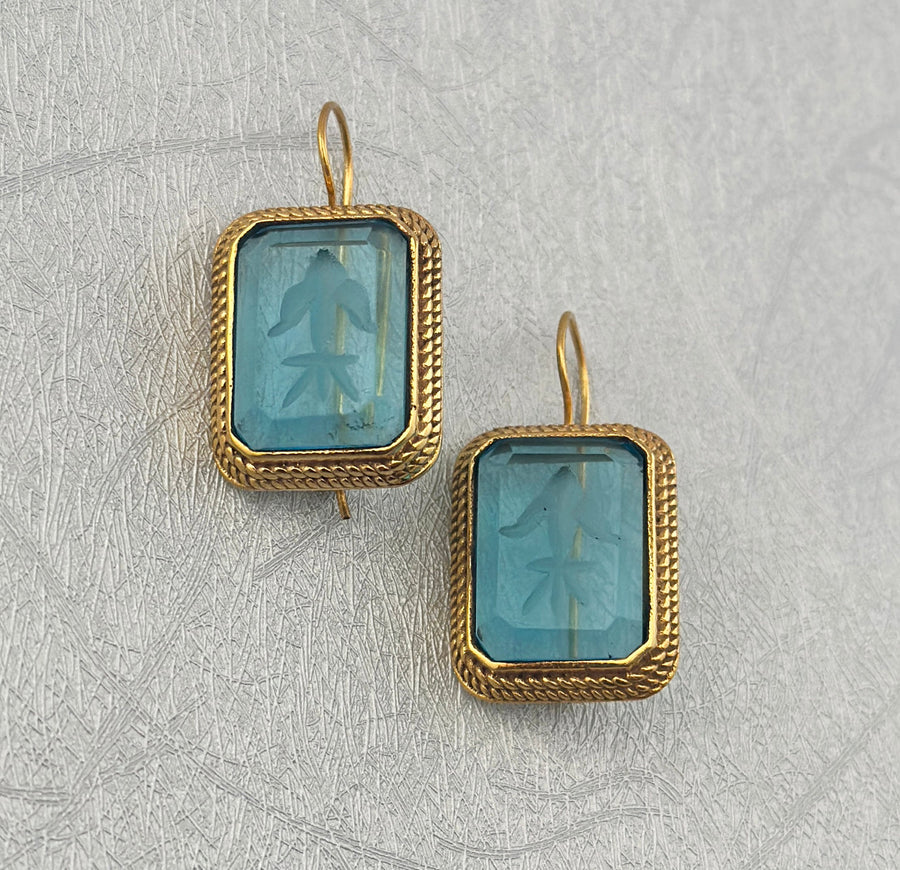 Blue Glass Intaglio Earrings, Greek Roman Victorian Style, 14K Gold, photo 5