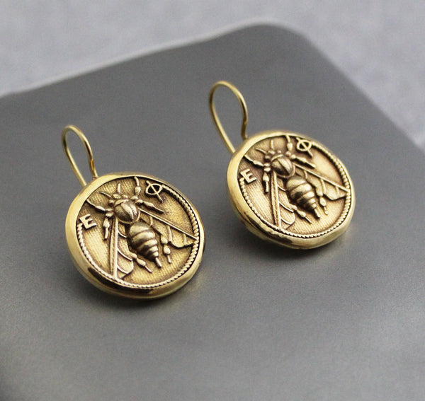 Honeybee Coin Earrings, Ancient Roman Style, Dainty Gold Dangles
