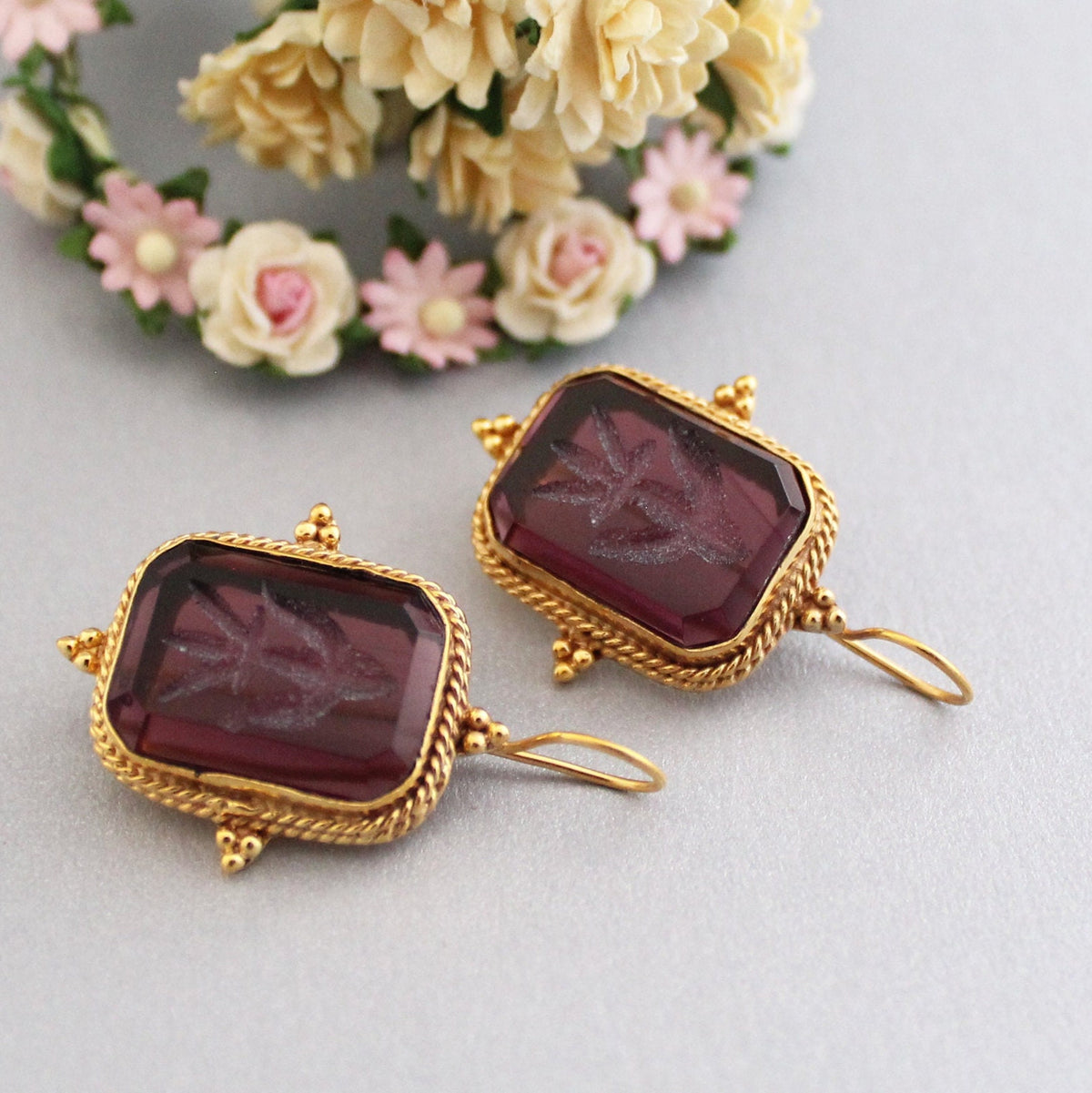 Purple Intaglio Glass Earrings, Ancient Roman Style, Gold Vermeil, photo 5