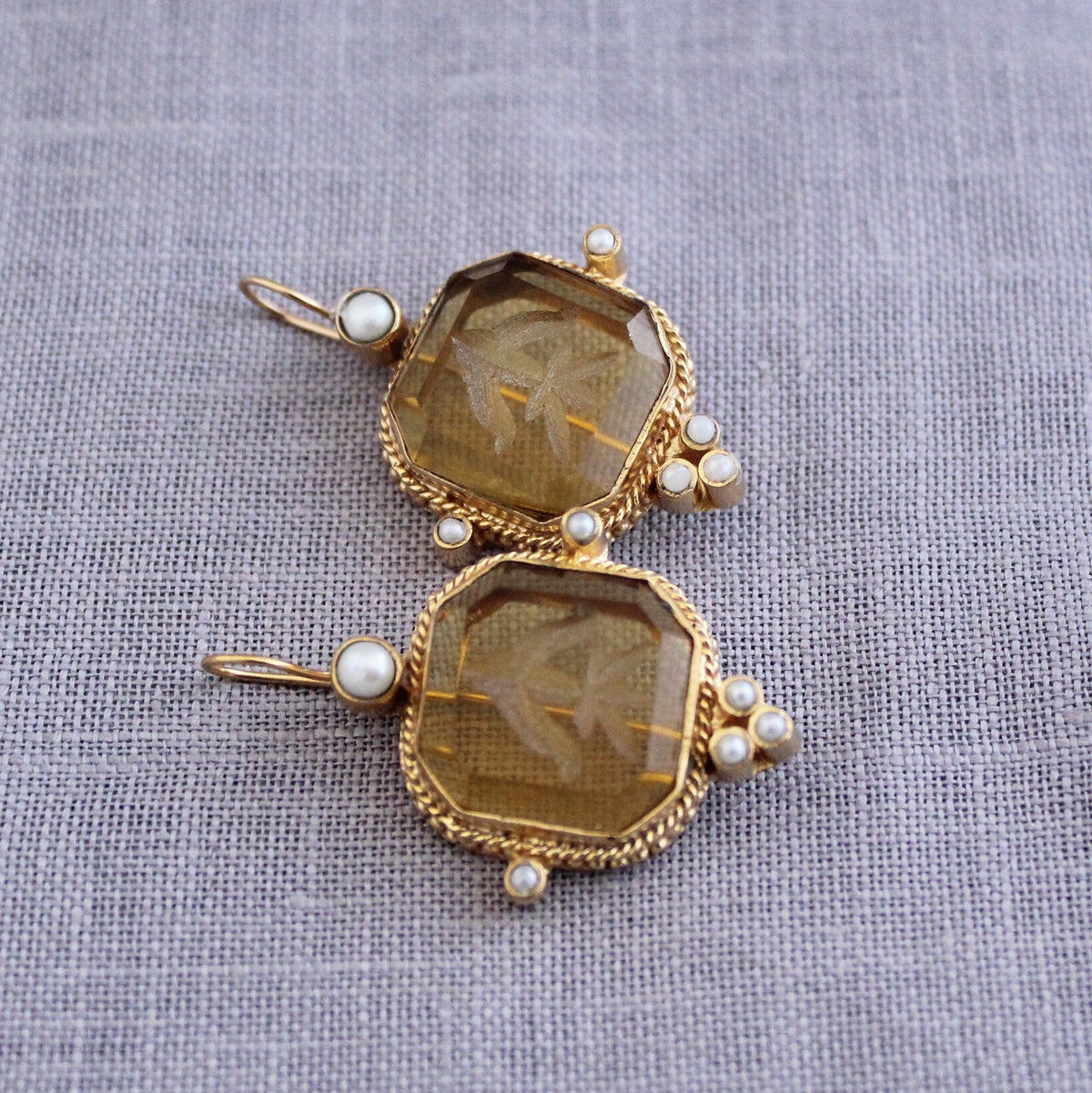 Yellow Glass Intaglio Earrings, Victorian Bridal, Brass with Pearls, photo 4