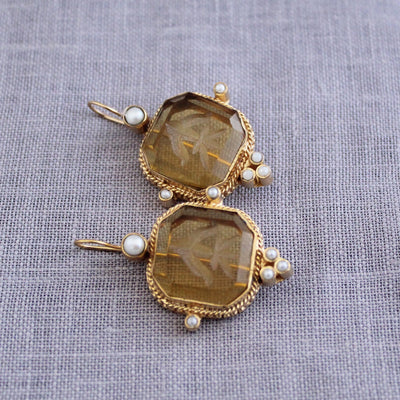 Yellow Glass Intaglio Earrings, Victorian Bridal, Brass with Pearls, photo 4